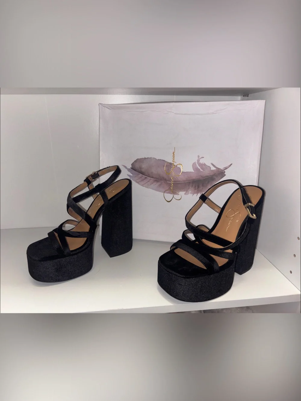 Jessica Simpson Black Velvet Strappy Platform Block Heels